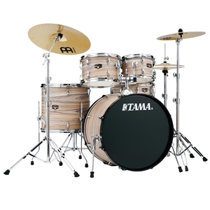 Tama IE52CNZW ImperialStar Complete Drum Kit w/ 22" Bass Drum, Snare, and Meinl Cymbals - Natural Zebrawood Wrapping