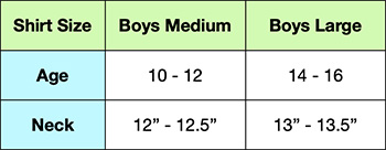 Size chart for boys shirts