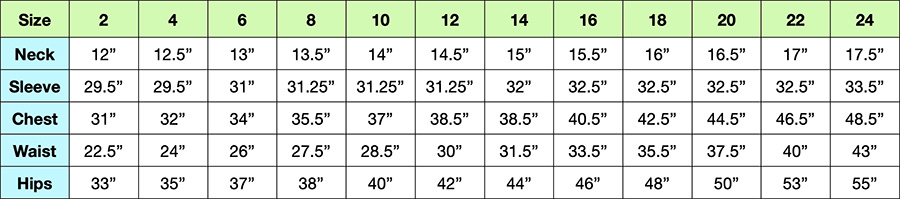 Size chart for women's shirts